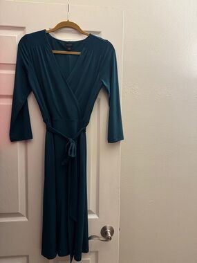 Ann Taylor Teal Long-Sleeve Wrap Midi Dress with Self-Tie Waist